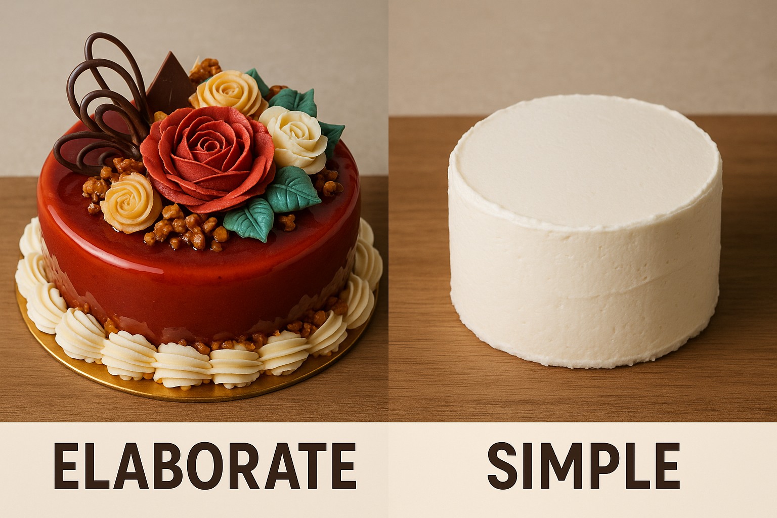 Detailed comparison photo showing elaborate decorated dessert with multiple techniques next to simple small cake highlighting differences