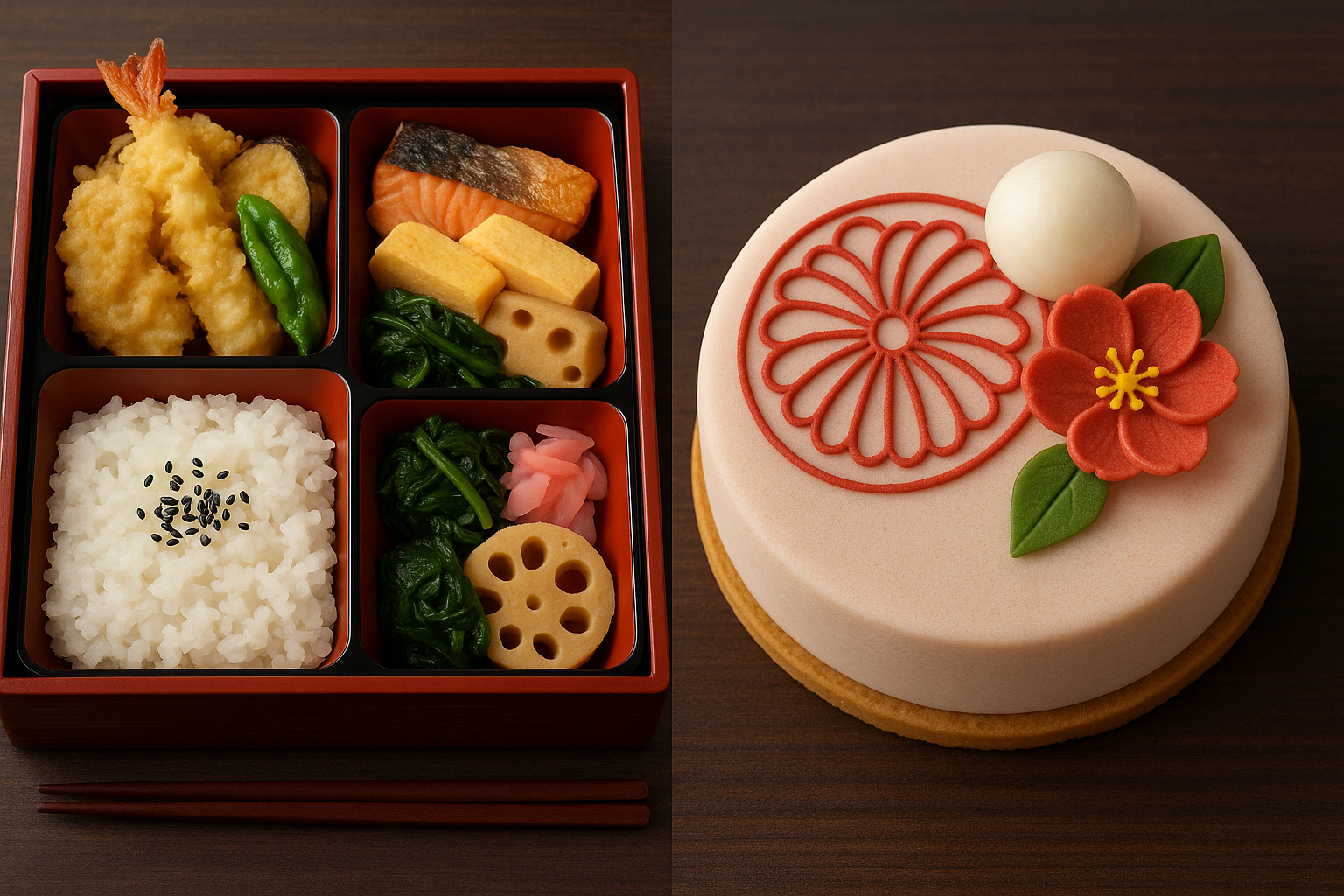 Traditional Japanese bento box with compartments next to modern decorated dessert showing cultural inspiration connection