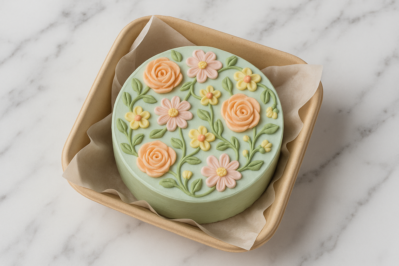 Professional bento cake with intricate floral designs and pastel colors displayed on marble background